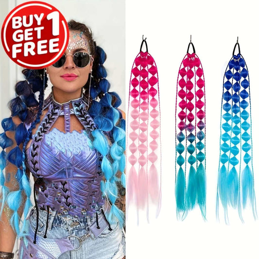 RaveFather Electric Glow Braided Hair Extensions in neon ombre colors; Buy 1 Get 1 Free offer for festivals and raves.