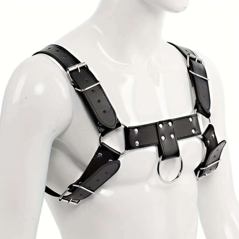 Front view of RaveFather Leather Body Harness showcasing sturdy construction and bold design