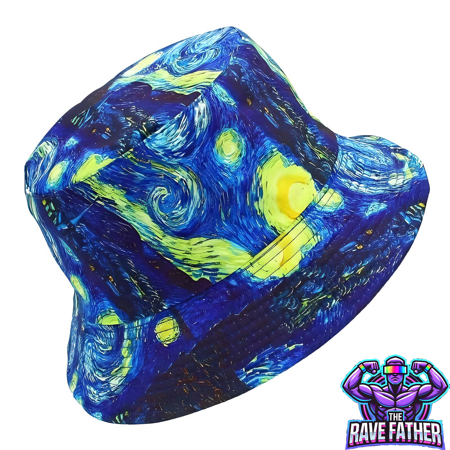 RaveFather Retro Starry Sky Bucket Hat in oil painting style, perfect for outdoor events and casual wear.