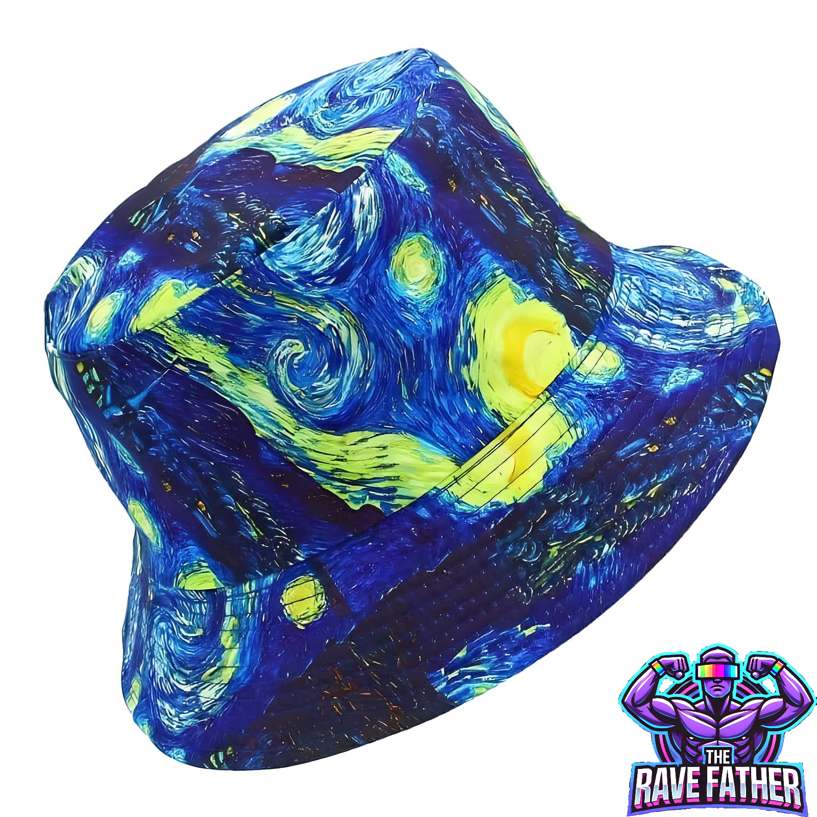 RaveFather Retro Starry Sky Bucket Hat in oil painting style, perfect for outdoor events and casual wear.