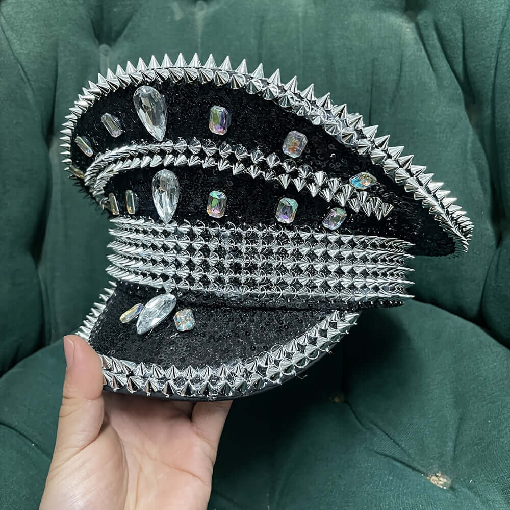 Close-up of RaveFather Dark Royale Spike Cap highlighting the metallic spikes and premium materials