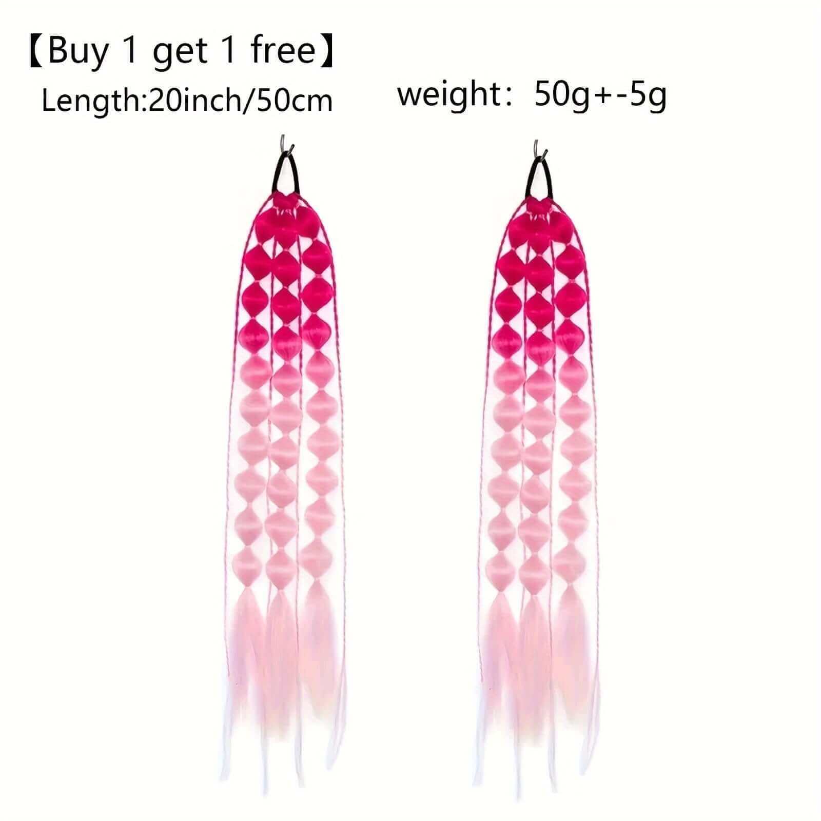 Neon ombre pink braided hair extensions, buy 1 get 1 free, 20-inch length, 50g weight.