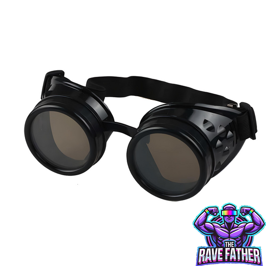 Black RaveFather Piss Goggles with futuristic design and strap, perfect edgy festival accessory and stylish eye protection