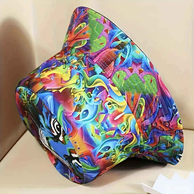 RaveFather Reversible Tie-Dye Bucket Hat – Vibrant Festival & Streetwear Essential, bold and colorful statement piece, side view showing intricate design.