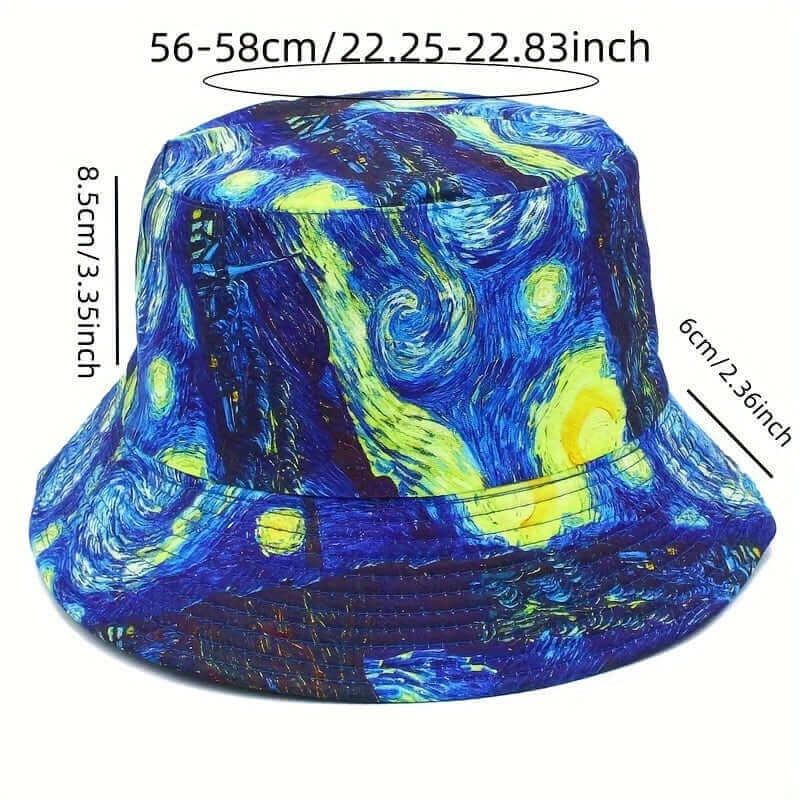 RaveFather Retro Starry Sky Bucket Hat in oil painting style, blue and yellow design, with measurement details for outdoor and casual use