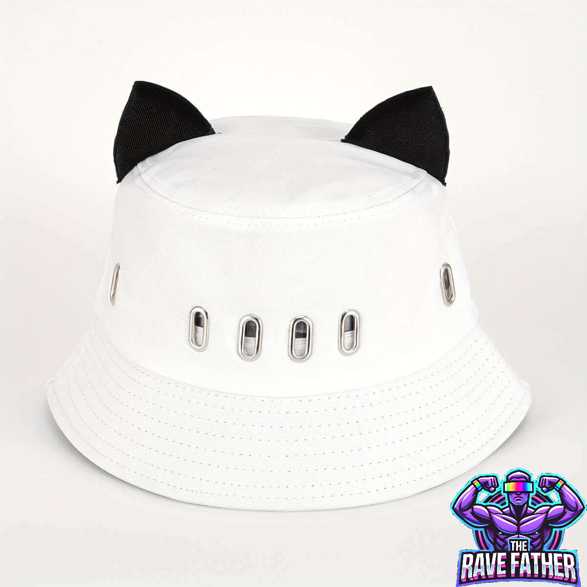 RaveFather Cat Ears Hollow Bucket Hat - Front view highlighting the cute cat ears design.