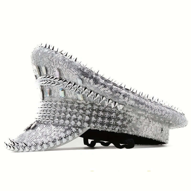 Side view of silver version of RaveFather Gold Spike Studded Festival Cap highlighting bold metallic spikes