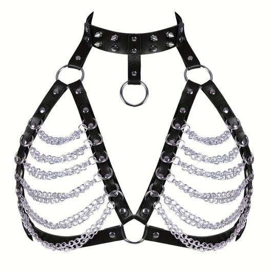 Gothic style leather harness top with metal chains - edgy festival and rave fashion.