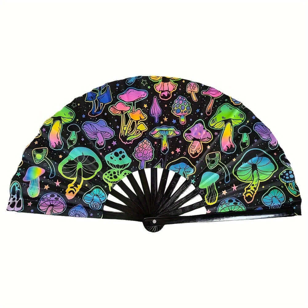 UV glow folding fan with vibrant psychedelic mushroom design for festival vibes by RaveFather, perfect for raves and events